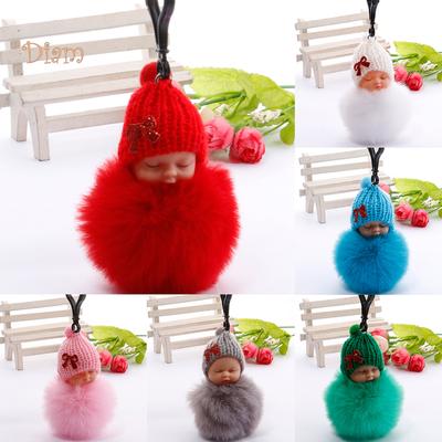Cute Sleeping Baby Fluffy Fur Plush Doll Pendant Keychain Key Ring Handbag Decor