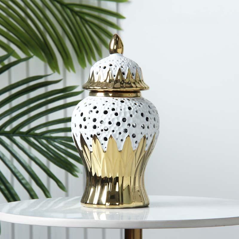 Pote de Cerâmica Oco Dourado Tanque de Armazenamento Pote de General Vaso de Flores Artesanato de Porcelana Acessórios de Decoração para Casa