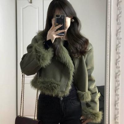 Women Faux Fur Leather Jacket Winter Coats with Design Wool Biker Outwear