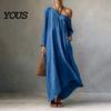 Retro Style Dress Summer Maxi for Women, Casual Loose One Shoulder Long Everyday Wear Sleeve Dress, Flowy Beach Vacation Sundress wwith Pockets Simple