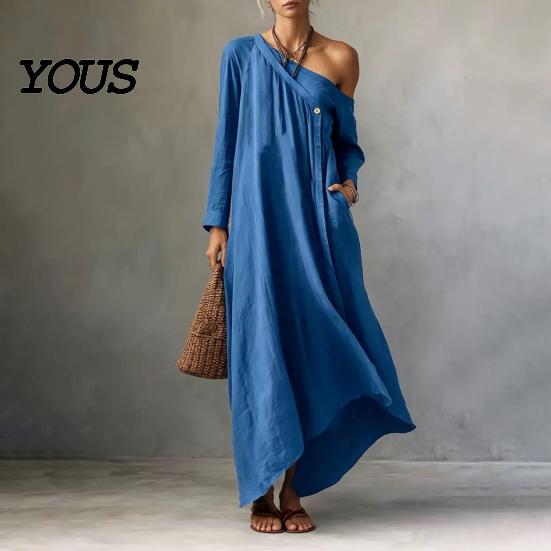 Retro Style Dress Summer Maxi for Women, Casual Loose One Shoulder Long Everyday Wear Sleeve Dress, Flowy Beach Vacation Sundress wwith Pockets Simple