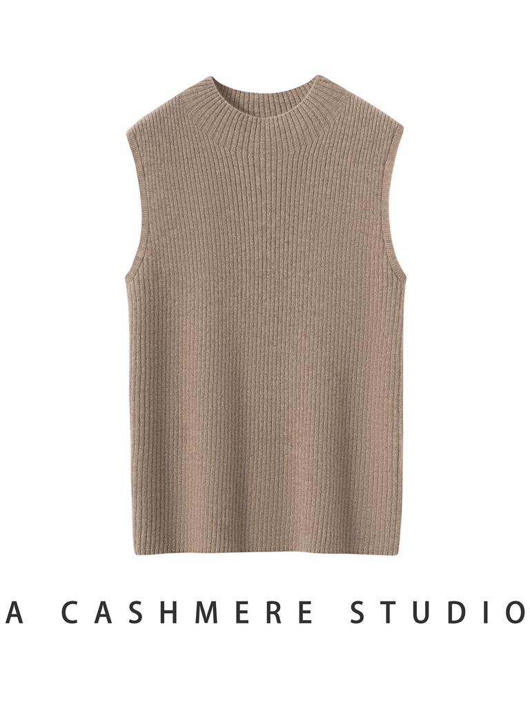 Women's Cashmere Ribbed Sleeveless Slim-Fit Pullover Sweater with Half-High Neck