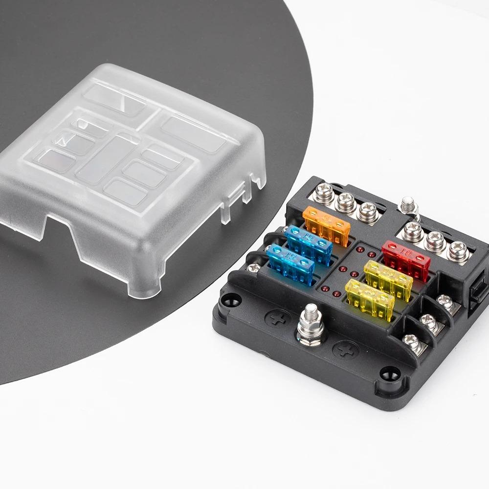 12V 6-Way Blade Fuse Block with  LED Indicator Waterproof Protection Cover and Label Sticker for Automotive Car Truck Trailer