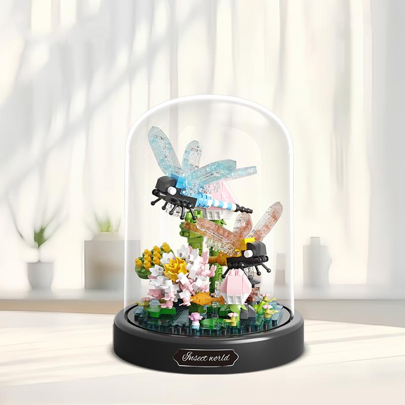 Non-Toxic Insect Flower Bonsai Building Block Bee Butterfly Potted Model Bricks Set With Dust Cover Desktop Deco Kids Diy Toy Hoilday Gift