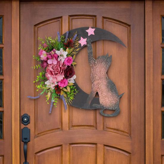 Halloween Moon Cat Wreath for Front Door Crescent Moon Wreath Sign with Artificial Rose Flowers for Gothic Home Decoration