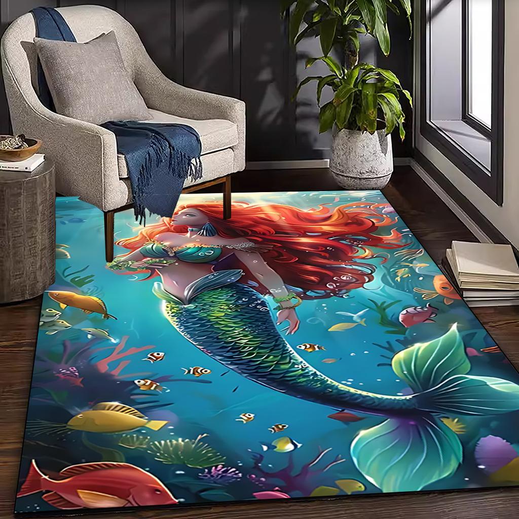 Mermaid Rug - Washable Polyester Mat, Machine Made, Suitable for Living Room, Bedroom, Indoor Use, Camping, Outdoor Decoration