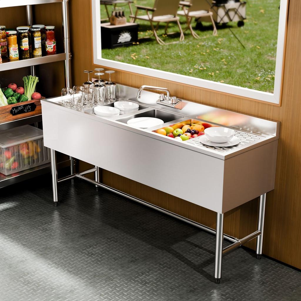 3 Compartment Sink, 18-Gauge 304 Stainless Steel, 254x356x254 mm Bowl Size, 3 Bay Commercial Under Bar Sink with Double Drainboard and Backsplash for
