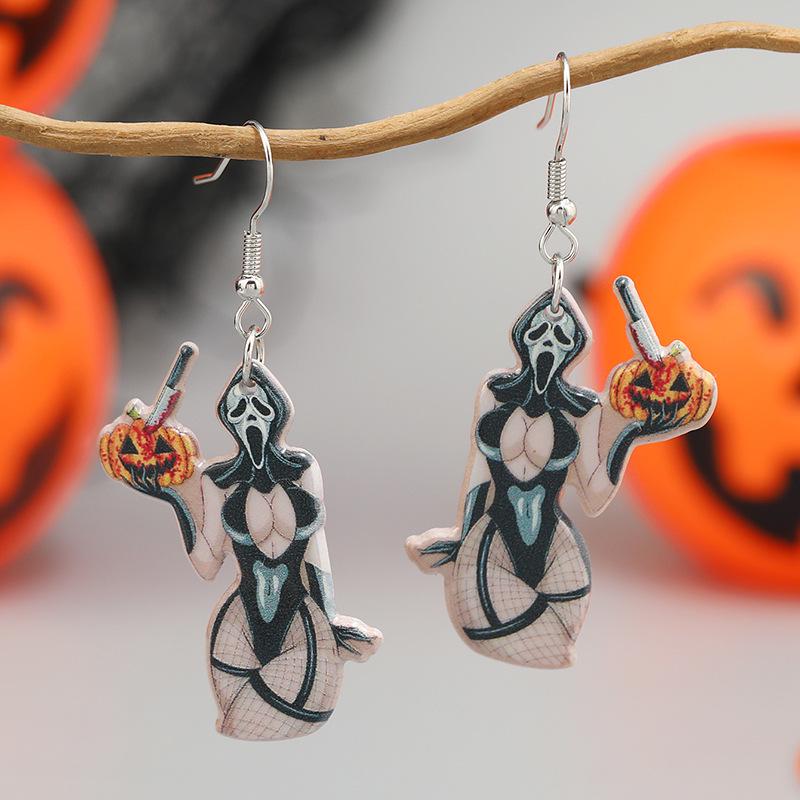 Cross-Border Halloween Wooden Earrings: Skull, Guitar, Rose, Ghost, Pumpkin Designs