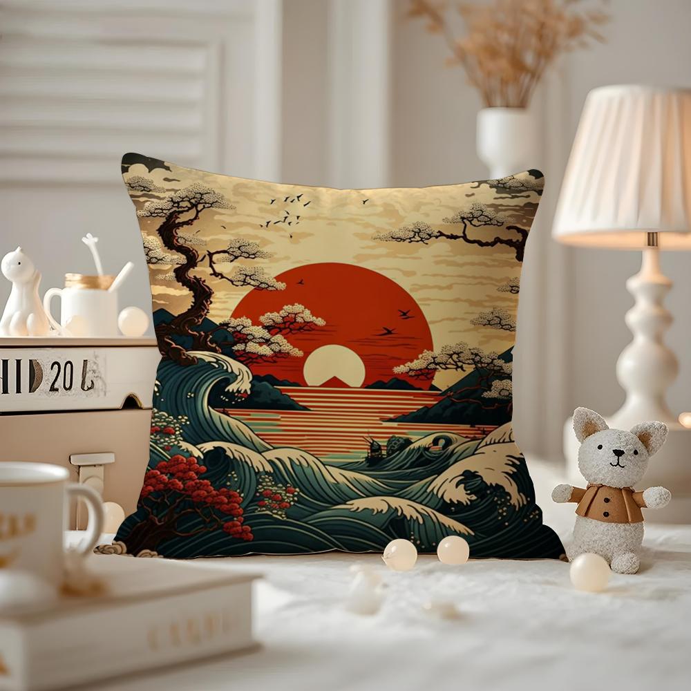ART Japanische Wellen Kissenbezug Anti-Hausstaubmilben Kissenbezug Unsichtbarer Reißverschluss seidiger kurzer Plüsch Sofakissenbezug