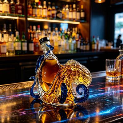 Octopus Shaped Whiskey Decanter, 3D Blown Glass Wine Bottle with Stopper, 400ml Handmade Lead-Free Barware, Creative Bar Decor Gift for Men
