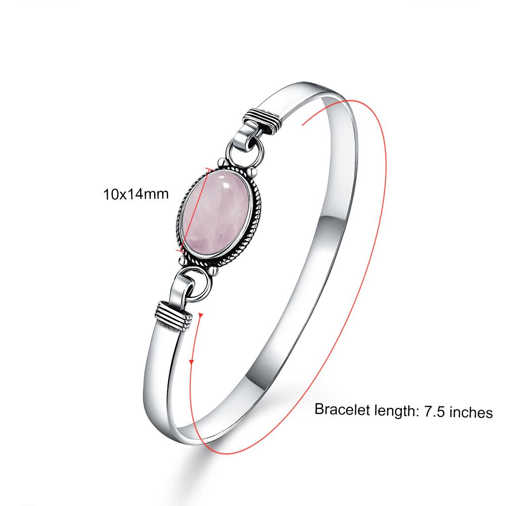 Vintage 925 Silver Natural Rose Quartz Bangle Handmade Oval 10*14mm Pink Natural Stone Bracelets Gifts Fine Jewelry for Women