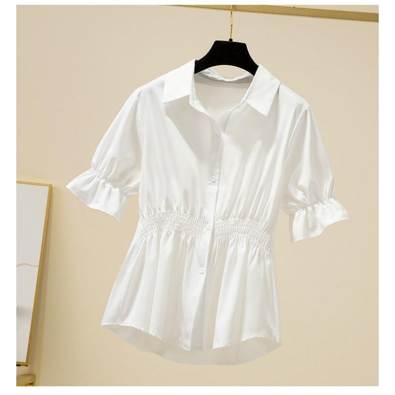 Summer Polo-neck Solid Color Elegant Fashion Waist Shirt Women Short Sleeve Shirring Blouse Female Cardigan Top