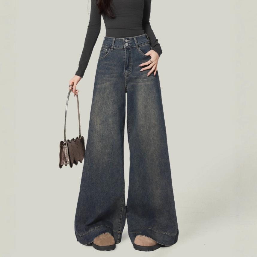 Women's High-Waisted Retro Blue Wide-Leg Jeans, Loose Fit, Good Drape, Floor-Length, Perfect for Spring/Autumn.
