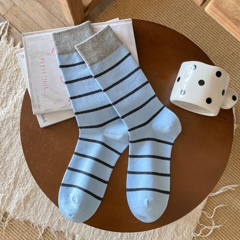 Women's Autumn and Winter Color-blocking Striped Mid-calf Socks, Versatile Color-blocking Long Calf Socks, Boneless Pile Socks for Women