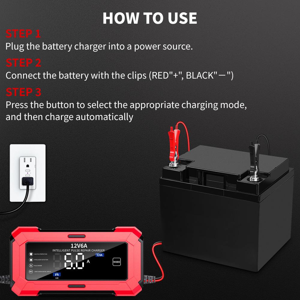 12V6A Car Battery Charger Motorcycle Battery Charger Smart Automatic Battery Charger