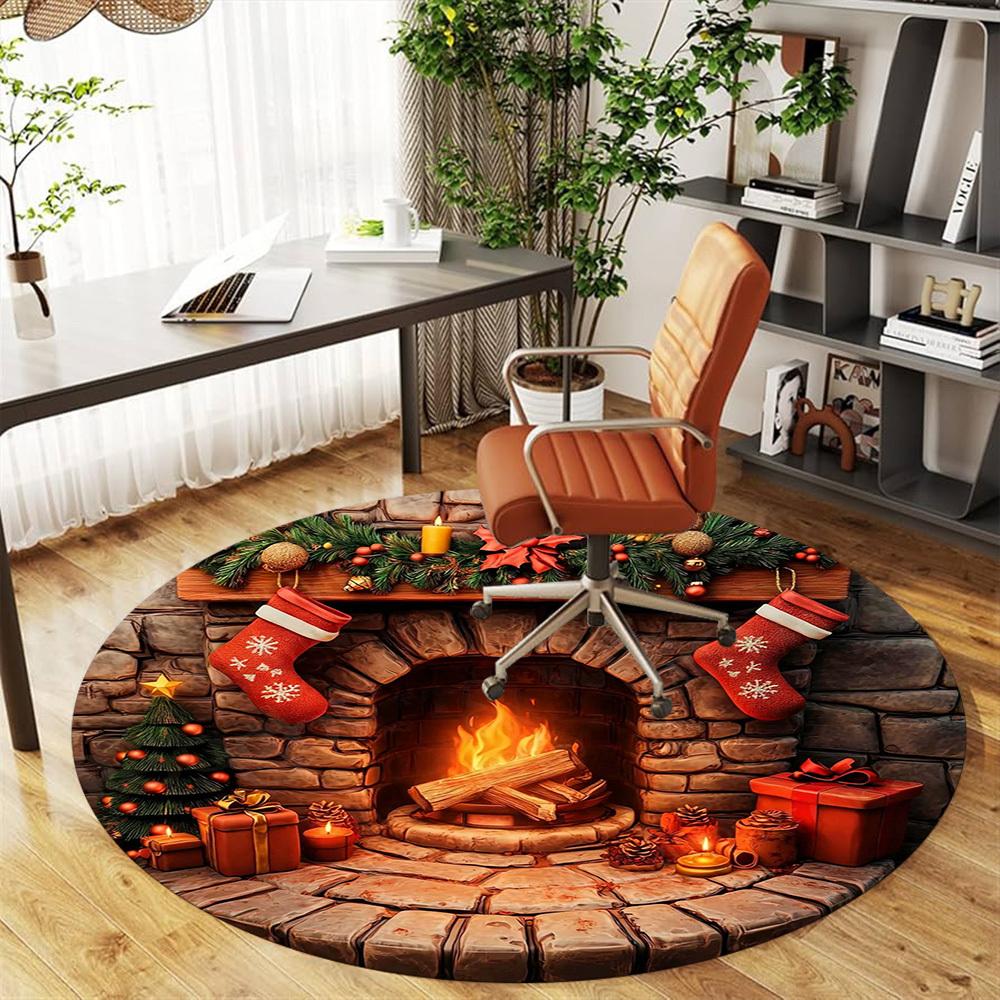 1 Stück Weihnachten Kamin Büro Runder Teppich, Unter Bürostühlen Schlafzimmer Wohnzimmer Heimdekoration, Teppich für Büro, -1110188