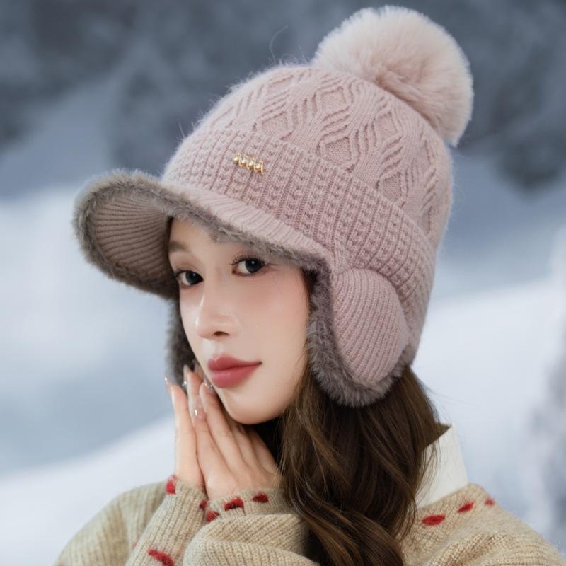 Autumn and Winter Velvet Warm Duck Knitted Hat Outdoor Leisure Cold Wind Snow Ear Hat Women's Winter Knitted Wool Hat Outdoor Travel Windproof Hat