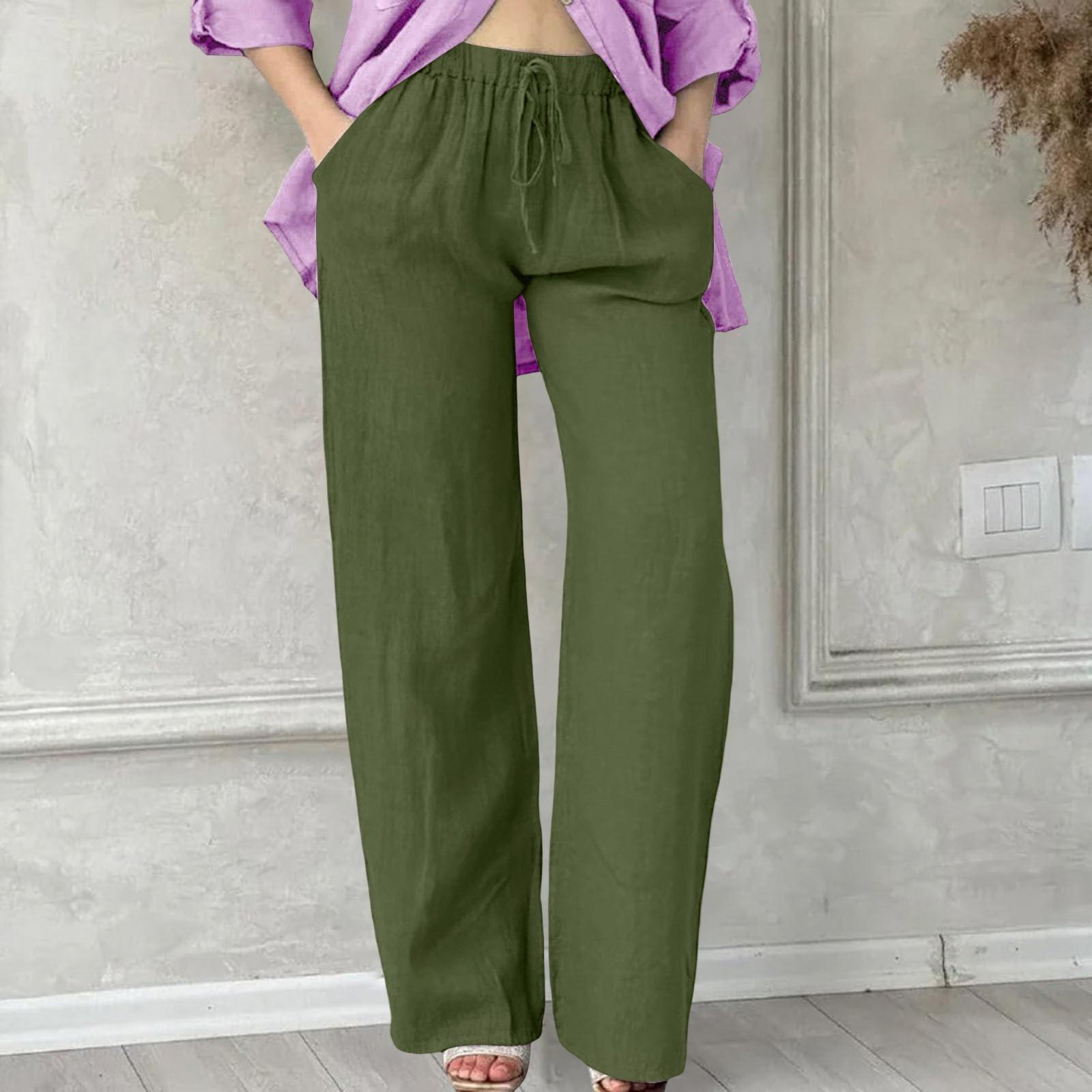 

Льняные брюки для женщин, повседневные, однотонные, с эластичной резинкой на талии, длинные прямые брюки L армия зеленый