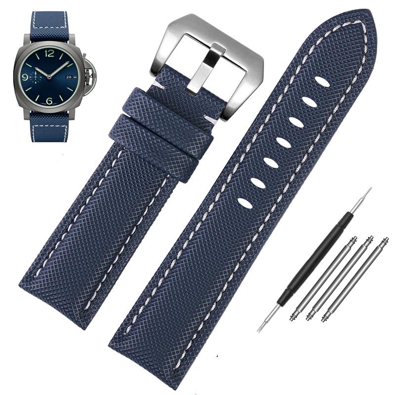 Klasyczny 24mm Pasek do Zegarka Pasujący do Panerai Luminor PAM01661 Czarny Niebieski Tkanina Nylonowa Płótno Pasek z Prawdziwej Skóry Klamra Szpilkowa