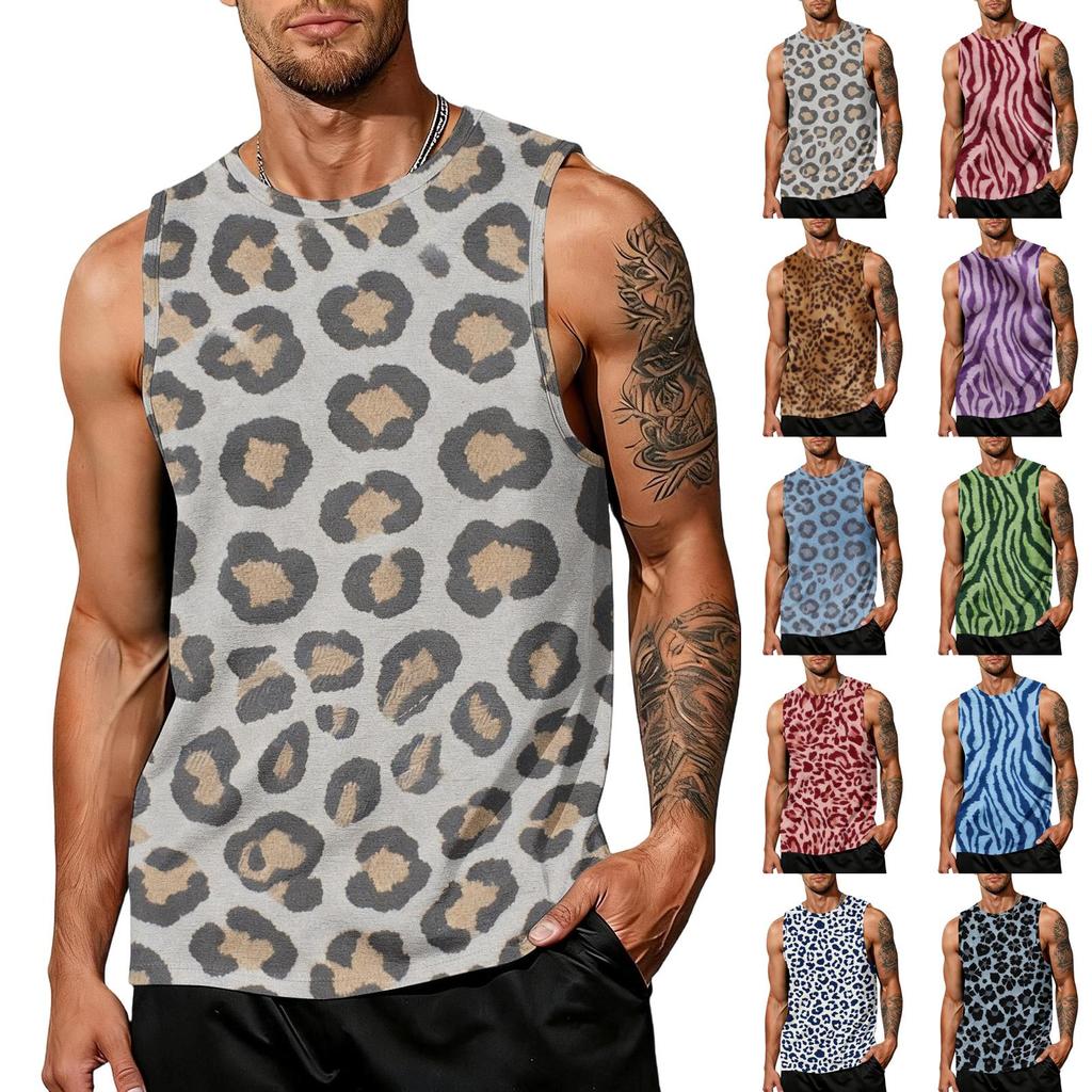 Men's Casual Sleeveless Tank Top Leopard Print Athletic Workout Gym Breathable Muscle Shirt Summer Vest