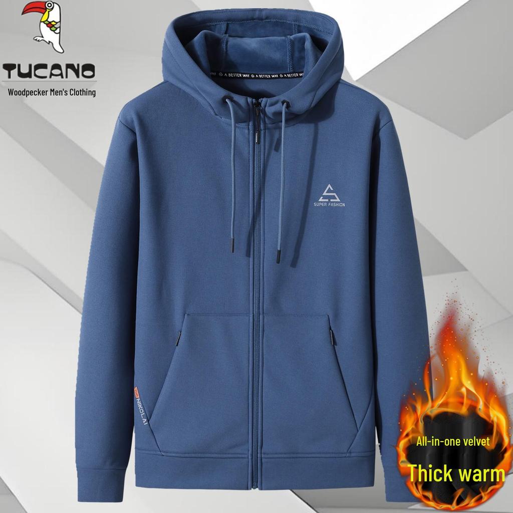 Men's Woodpecker Plus Red Knit Velvet Hoodie Jacket - Plus Size, Thin Fleece, Autumn/Winter Sports Cardigan