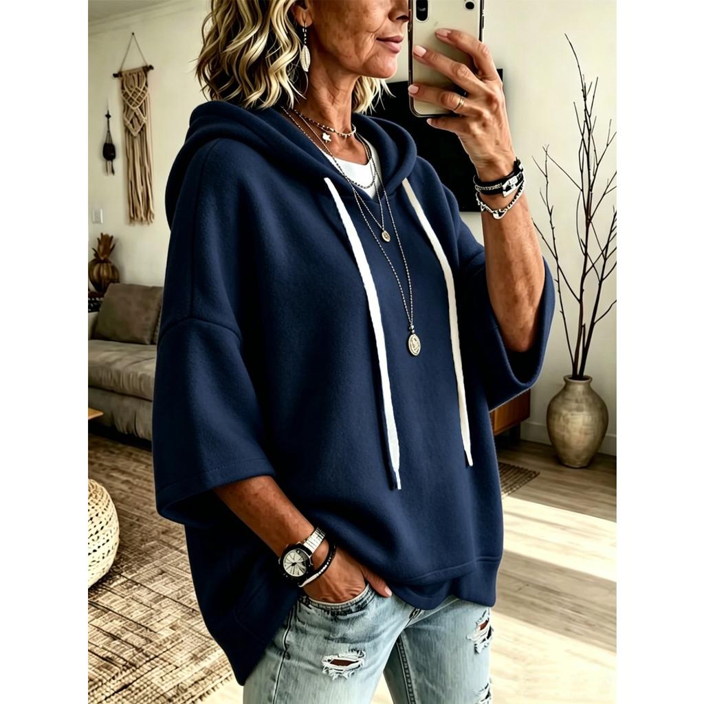 Women's Loose Seven Quarter Sleeves, Hooded Drawstring T-shirt, Batsleeved Top, Outerwear