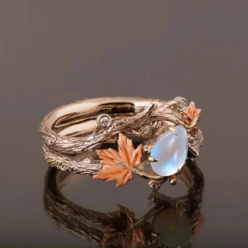 Vintage Golden Branch Maple Leaf Ring Double Layer Light Luxury Niche Design Ring Love Day Mother's Day Festival Gift