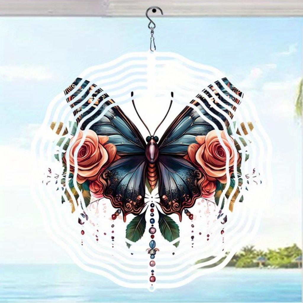 1pc Rose Butterfly 3D Wind Spinner Outdoor Decor for Garden Yard Art Universal Holiday Decoration with 360 Rotating Hook for Thanksgiving