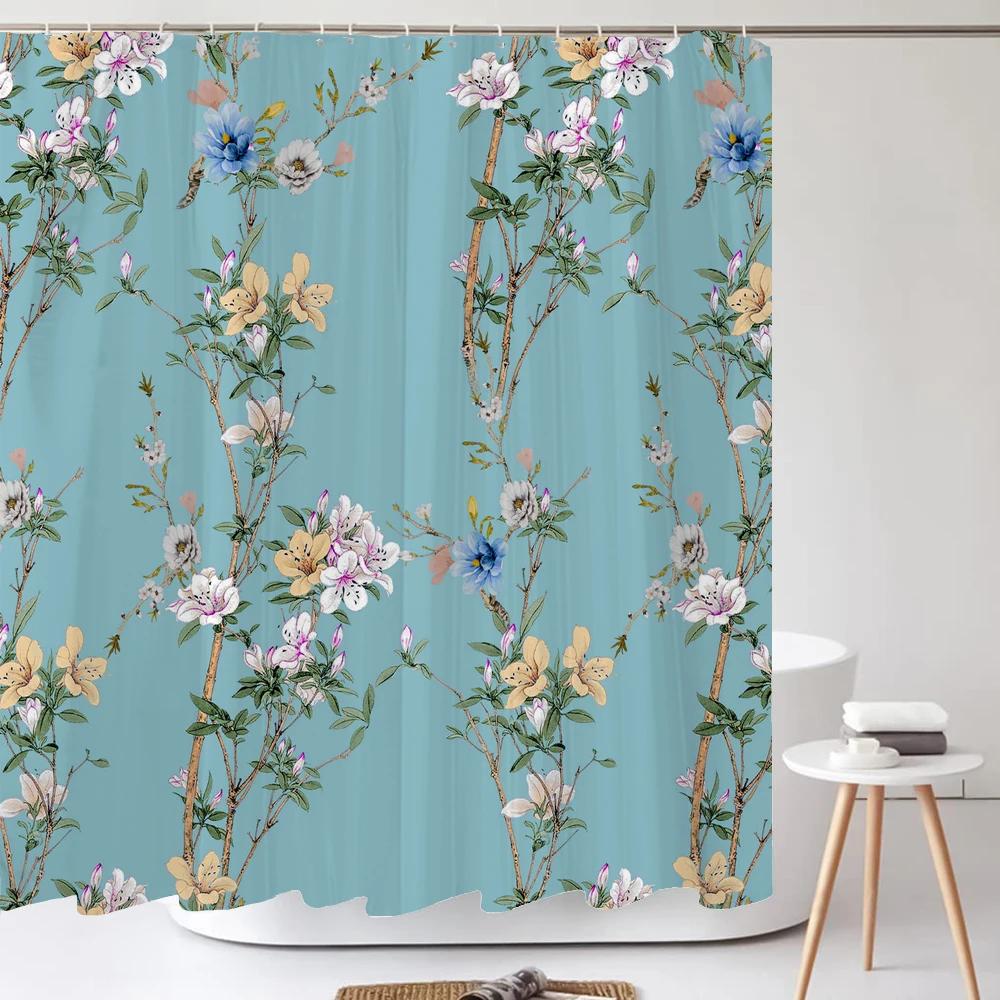 Watercolour Flowersleaves Shower Curtain Morden Art Floral Waterproof Fabric Bathroom Curtains Room Decor Curtain With Hooks