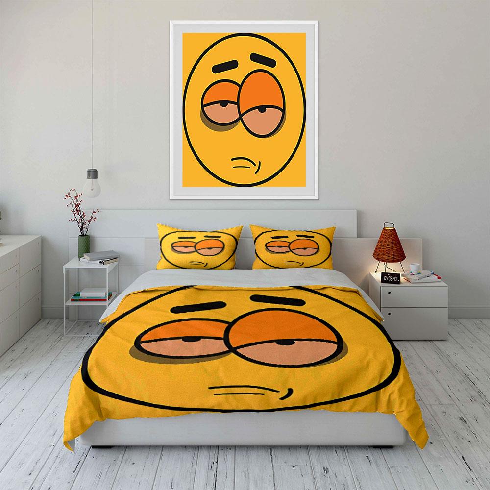 3Pcs Sleepy Lazy Face Cartoon Duvet Cover Set, Solid Yellow Minimal Emoji Bedding with 1 Duvet Cover 2 Pillowcases, Gift