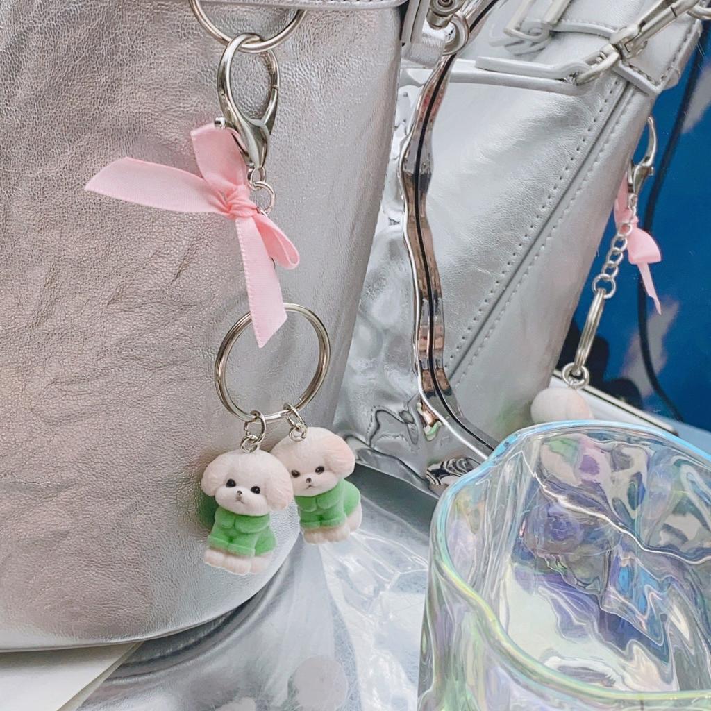 Lovely Dog Love Heart Bowknot Keychain Charm Pendant Fashionable Sturdy Plush Dog Charm for Keys and Bags Decoration