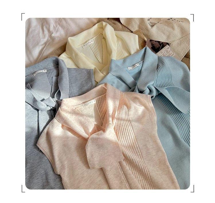 2025 Summer Women's V-Neck Knit Top with Shoulder Pads and Ribbon - Hong Kong Style