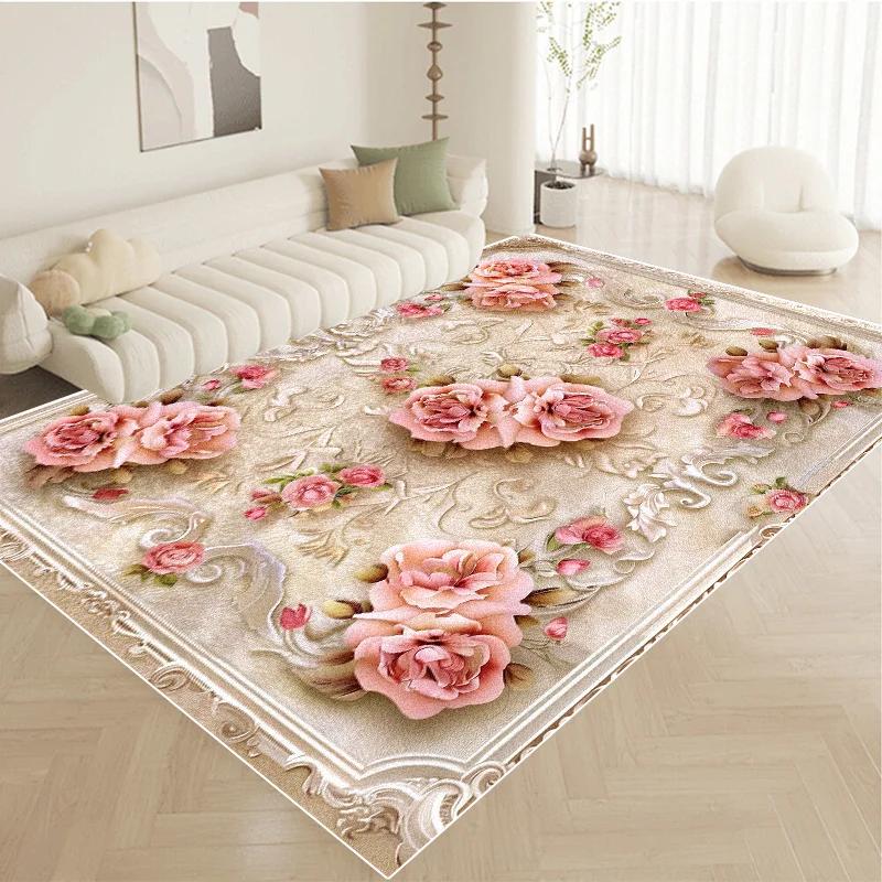 Nordic Luxury Pink Carpet Living Room Large Size Pastoral Flower Home Bedroom Rugs Washable Lounge Rug Hotel Lobby Floor Mats
