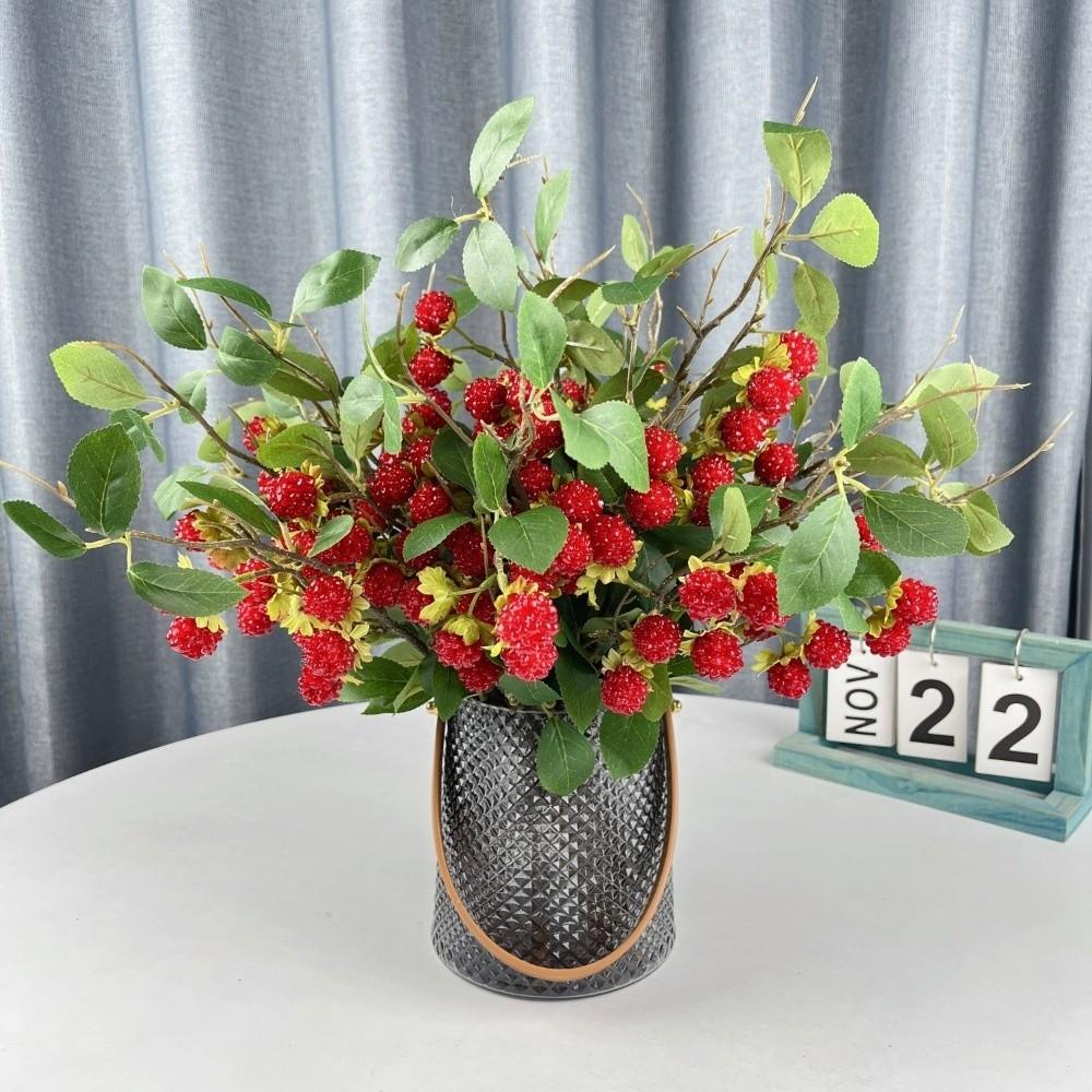 Green Leaves Artificial Raspberry Branch Faux Red Raspberry Plastic Mulberry Fruit Plants Luxury Elegant Fake Plants Gift