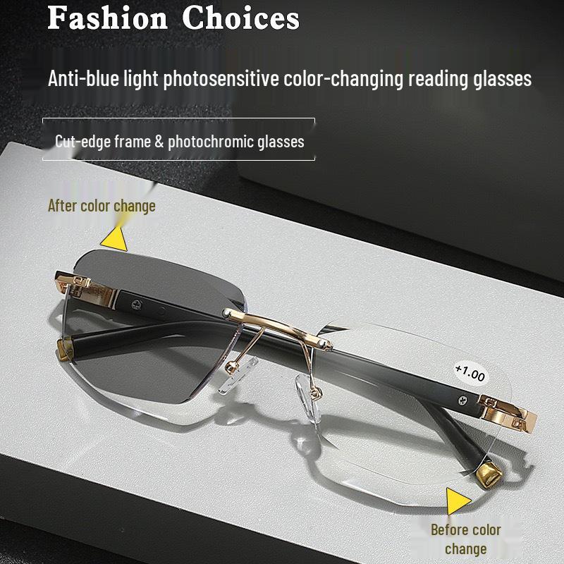 Rimless Photochromic Anti-Blue Light Reading Glasses for Middle-Aged & Elderly - Anti-Fatigue, Eye Protection Presbyopic Glasses