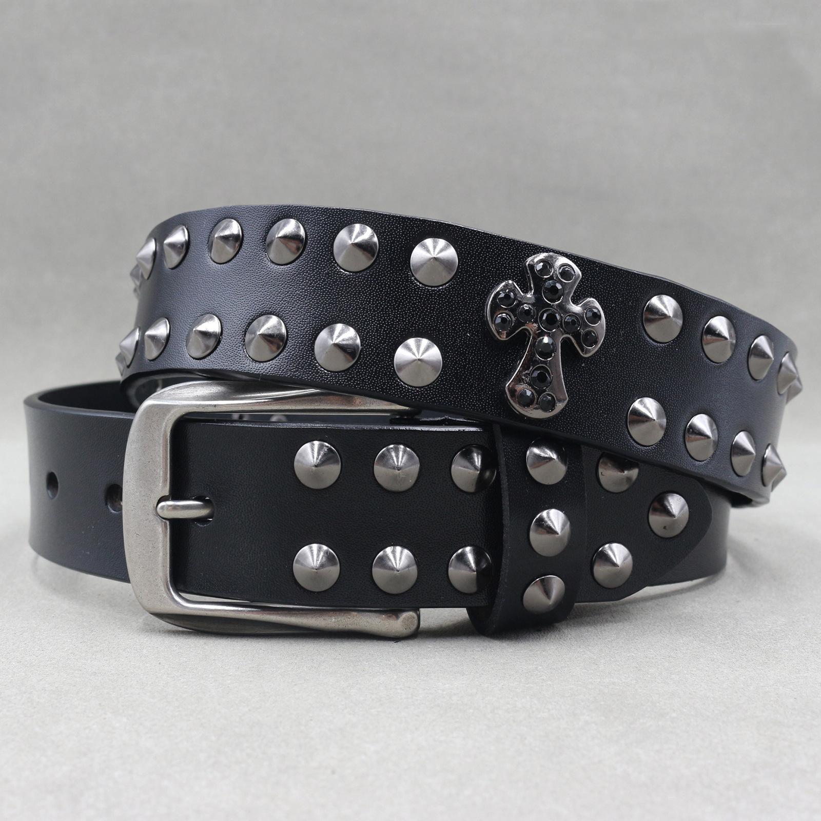 

New Cowhide Belt Neutral Cross Punk Leather Nail Cross Accessories Men and Women s Performance Belt 105cm