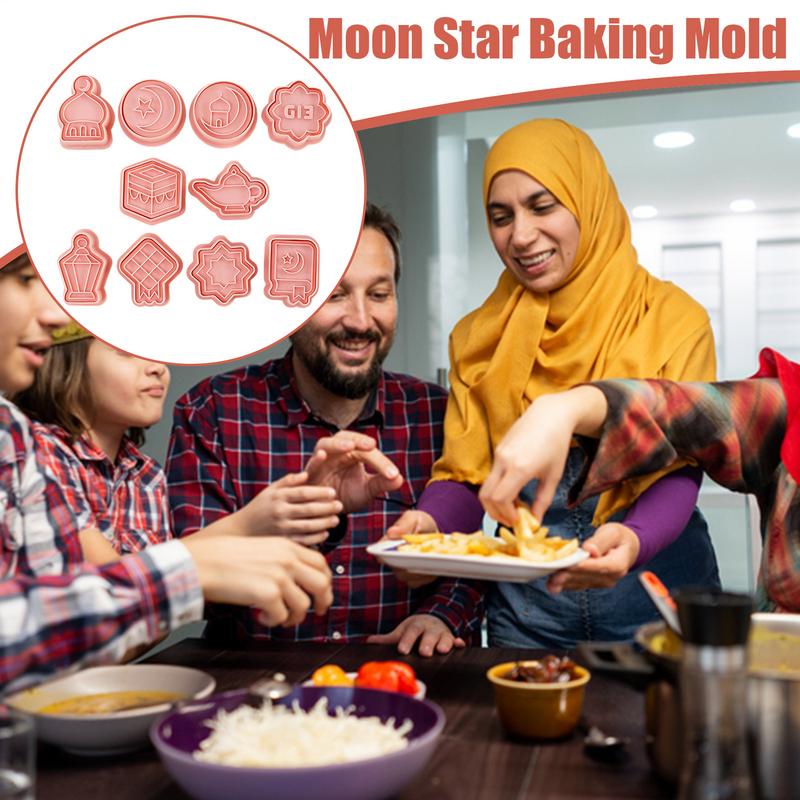 10 Pcs Eid Mubarak Cookie Cutters Food Grade Materials Moon Star Pressable Biscuits Mold Cookie Stamp Kitchen Baking Tool