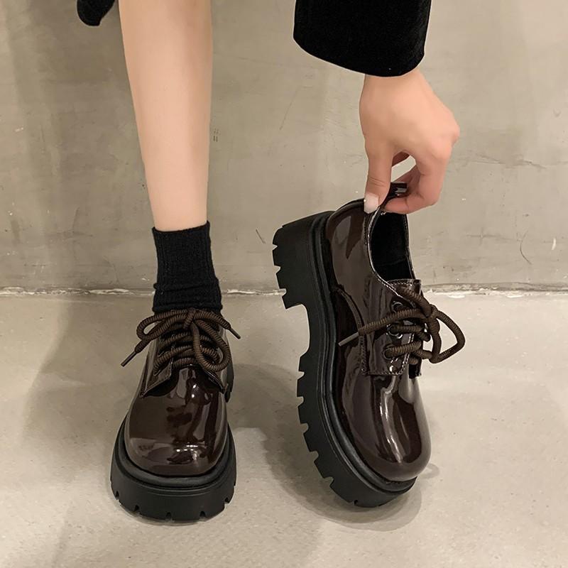 Round head retro British small leather shoes women's 2024 autumn new lace-up loafers college style muffin platform shoes