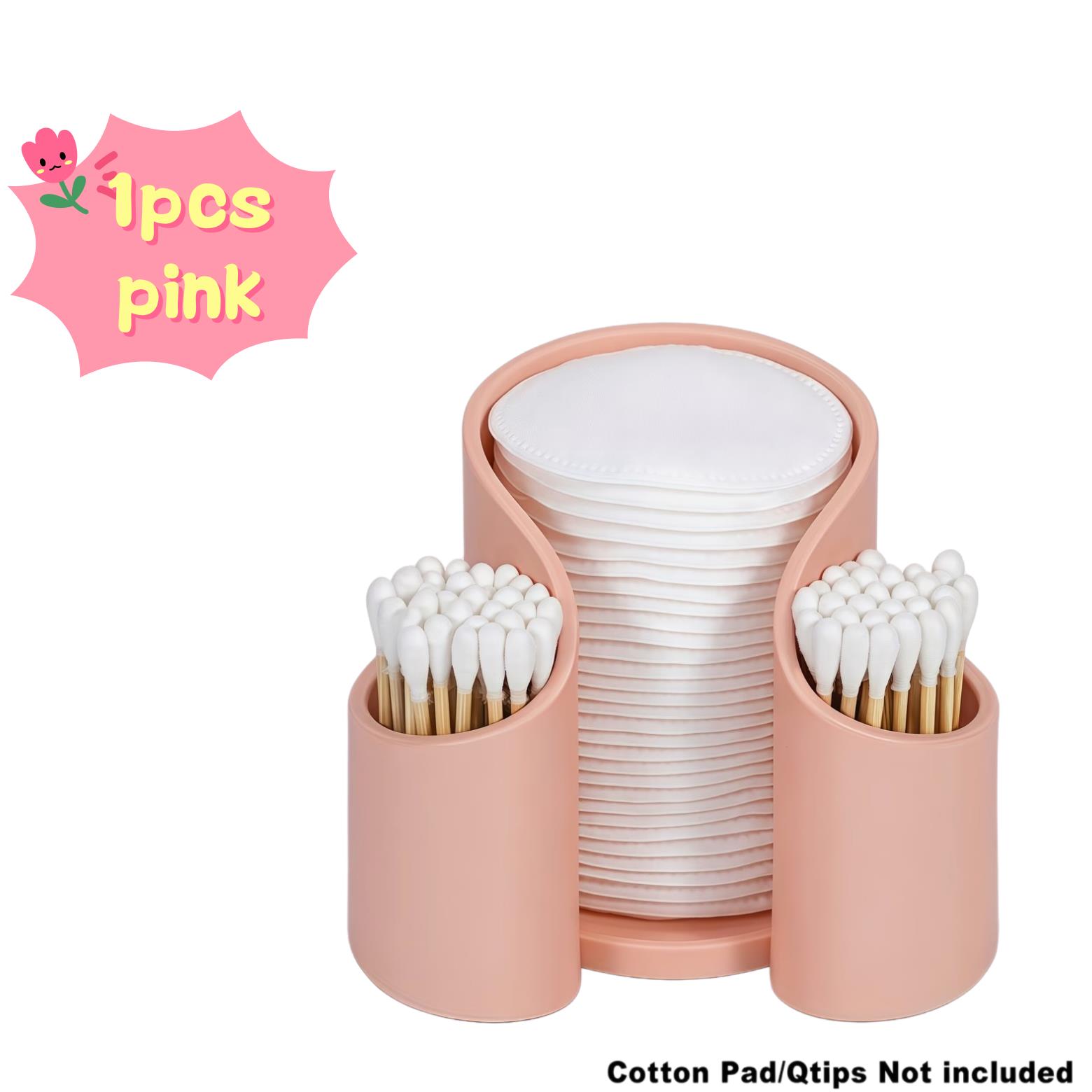 

1pcs Pink Plastic Cotton Pad & Swab Organizer – Round 2-Compartment Vanity Tray, Glossy Finish, Space-Saving for Counter