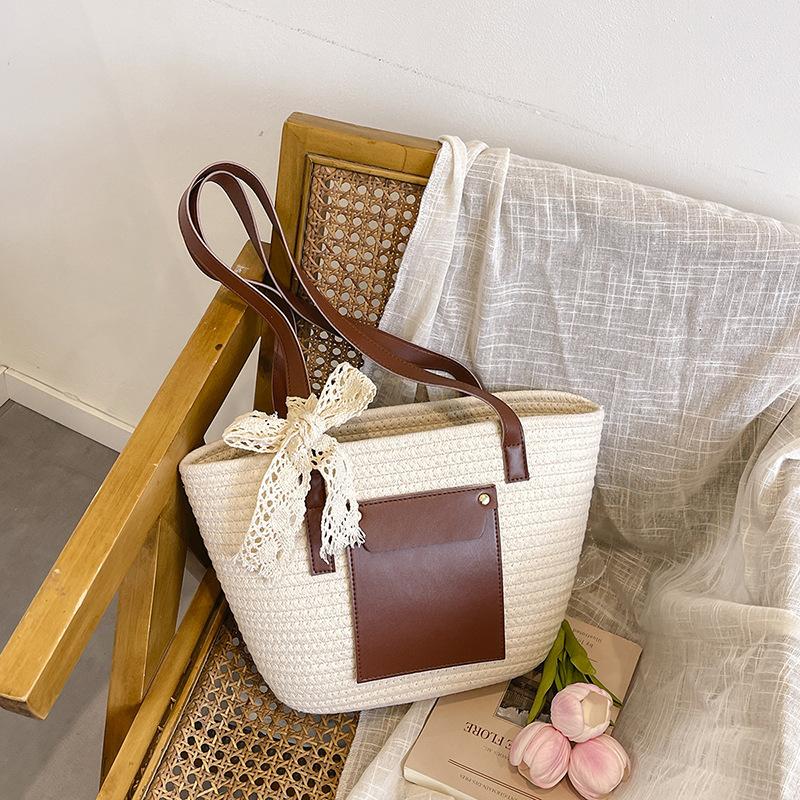 Summer New Woven Tote Bag Fashionable Splicing Large-capacity Versatile Shoulder Underarm Bag Simple Casual Handbag
