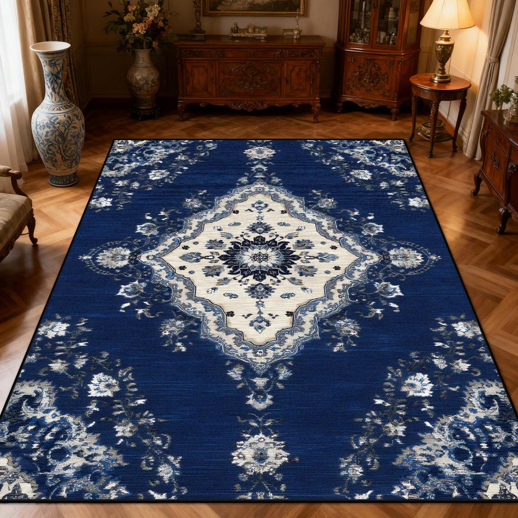 New Classical Carpet Decoration Bedroom Bedside Washable Short Velvet Rug Outdoor Balcony Foldable Soft Floor Mat Blue White