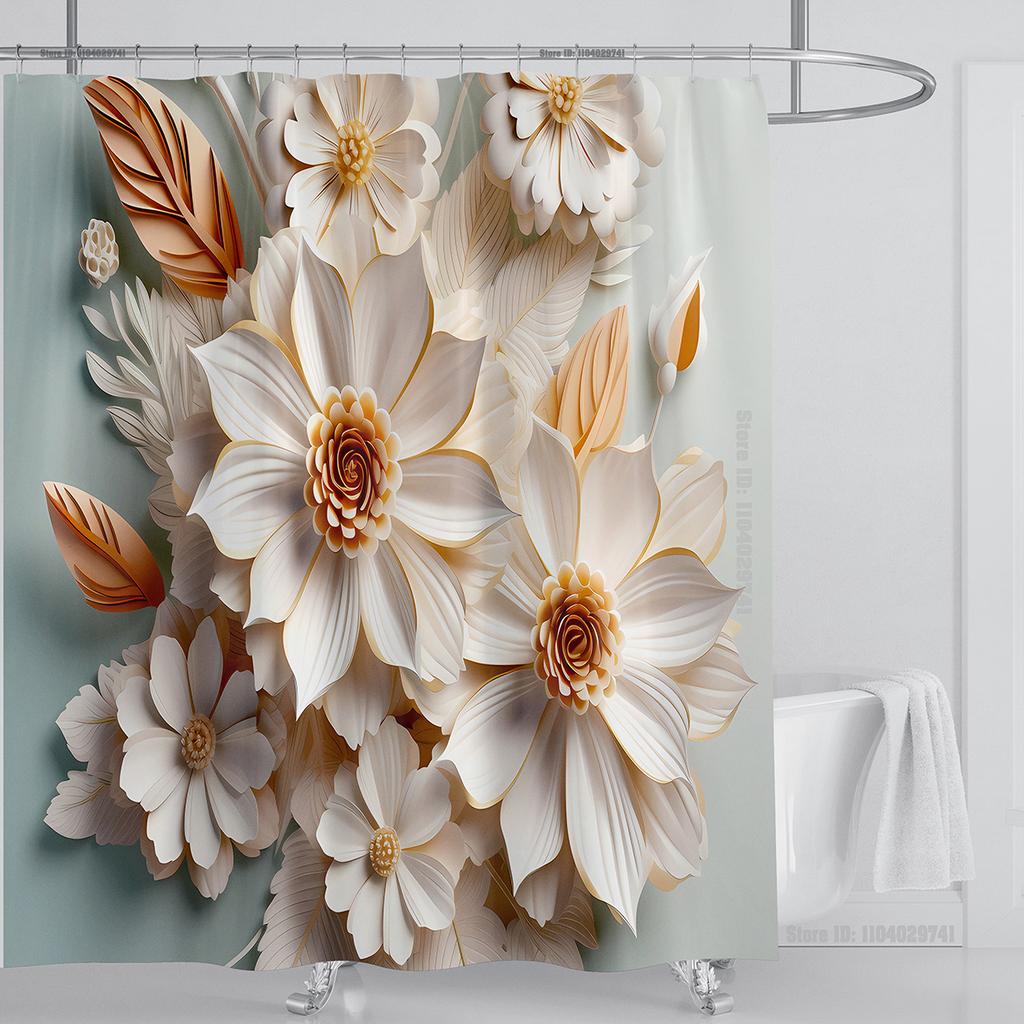 3D Floral Shower Curtain Set Orange Flower Design Fabric Bathroom Decor Waterproof Washable Shower Curtain Set with Hooks