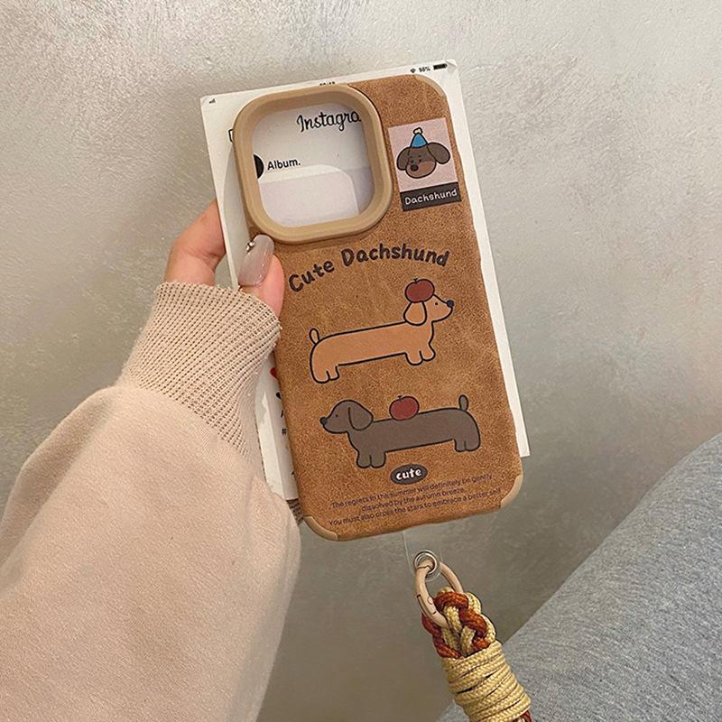 Cute Dachshund for Apple 17 Promax Phone Case for IPhone 15/14 Brown Leather 13 Cartoon