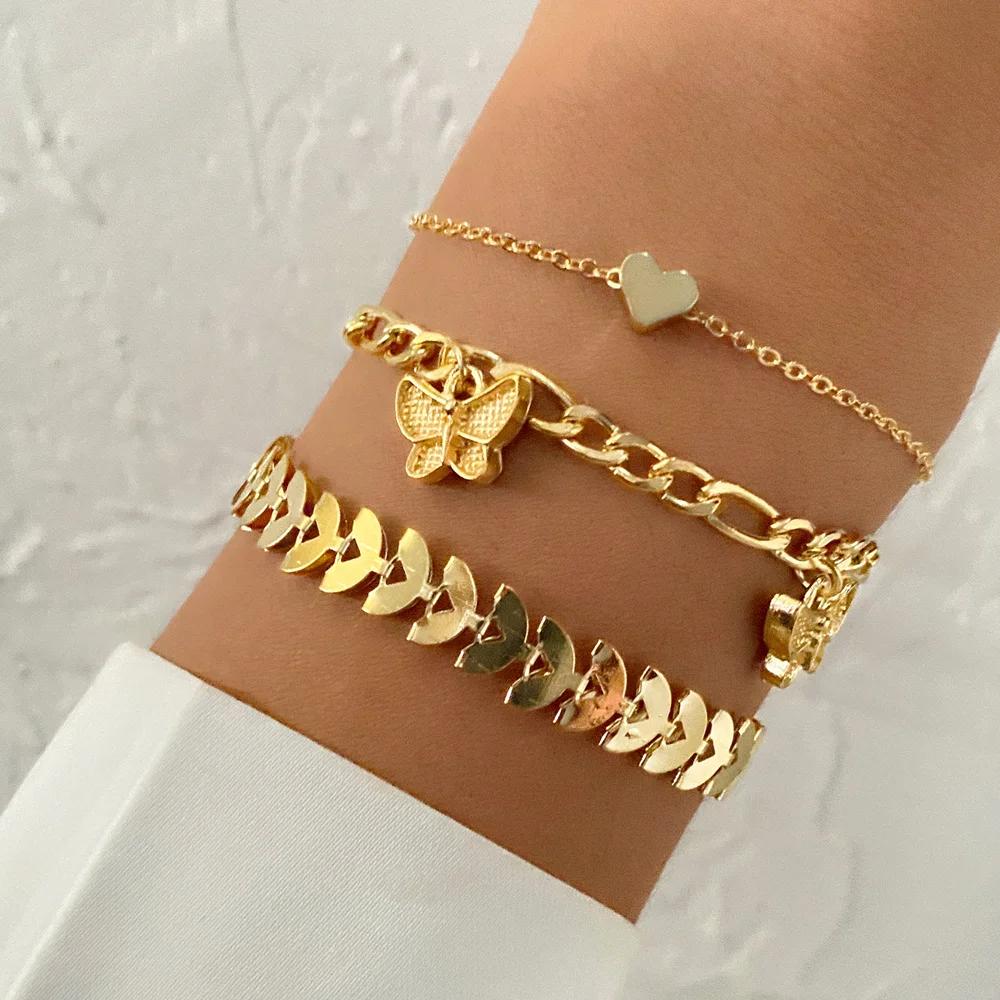 3PCS Fashion Thick Chain Link Bracelets for Women Vintage Snake Chain Gold Color Silver Color Bangles Bracelets Set Punk Jewelry