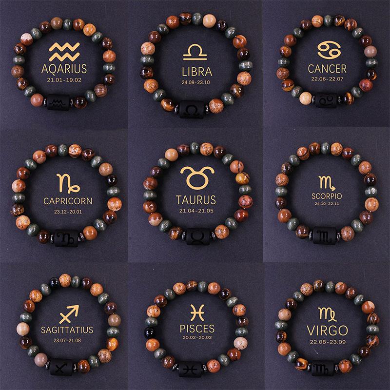 1PC 12 Zodiac Signs for Friends Lovers Stone Beaded Bracelet with Polished Natural Stone Adjustable Couples Friendship Minimalist