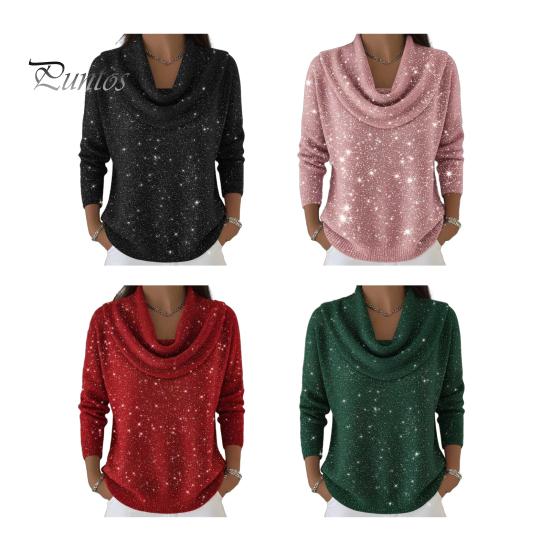 Stretchy Casual Shirt Women Tops Swing Collar Long Sleeve Shiny Rhinestones Pullover Loose Fit Solid Color Flash Design Blouse Daily Wear Soft