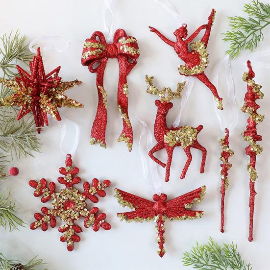 Glitter Sequined Christmas Ornament Red Snowflake/Butterfly/Star/Reindeer/Ballerina Hanging Decoration for Xmas Tree Doors Walls Holiday Home Decor