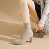 2025 New Womens Fashion Heeled Ankle Boots Autumn Pointy Solid Color Stretch Sock Boots Women Chunky Slip On Shoes
