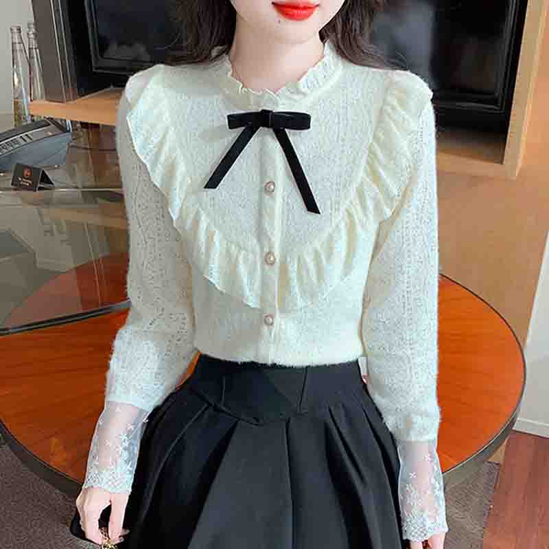 Winter Fashion New 2024 Long Sleeve Bow Ruffled Collar Ruffles Apricot Velvet Lace Blouse Shirt Women Tops Blouses Shirts J795