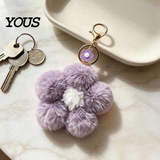 Aesthetic Purse Accessory Plush Flower Keychain for Backpack, Fuzzy Floral Keyring Key Chain Bag Charm, Women Girls Handbags Decorative